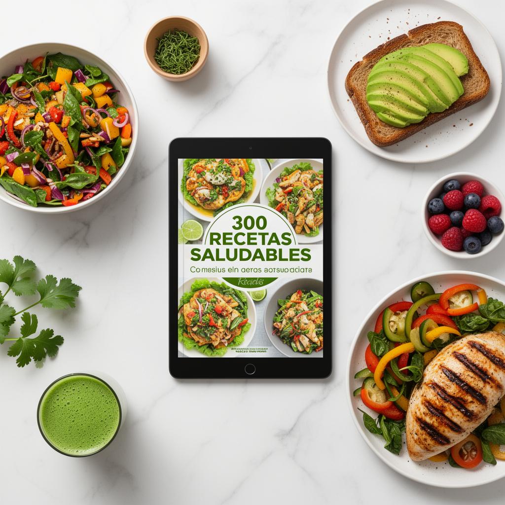 Ebook 300 Recetas Saludables Sin Azúcar mostrado en tablet rodeado de comidas saludables